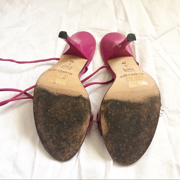 Bebe Hot Pink Feathered ankle wrap around heel - Picture 3 of 3